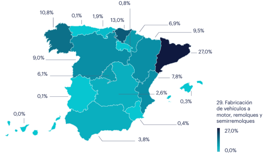 Mapa de ocupados en el sector de Fabricación de vehículos a motor, remolques y semiremolques. Fuente: INE.
