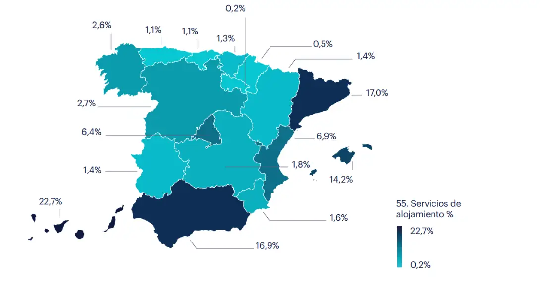 Mapa de ocupados en el sector de Servicios de alojamiento. Fuente: INE.