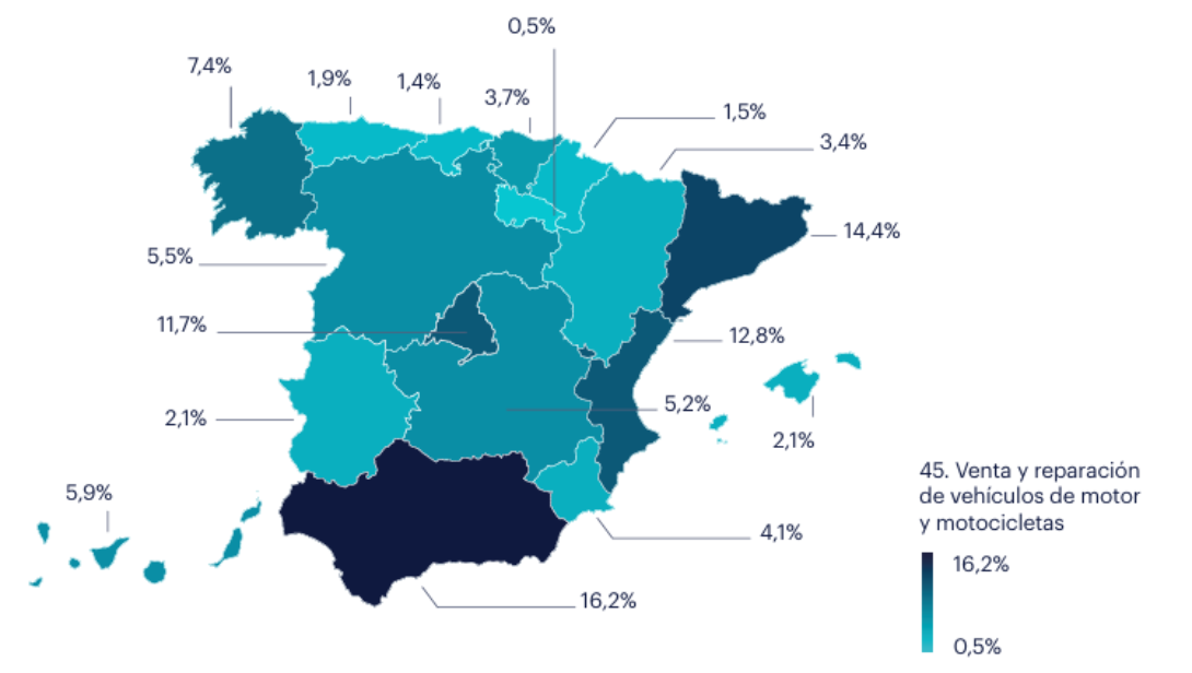 Mapa ocupados en el sector de Venta y reparación de vehículos de motor y motocicletas. Fuente: INE.