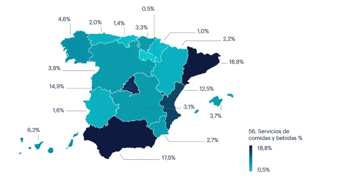 Mapa ocupados en el sector de Servicios de comidas y bebidas. Fuente: INE.