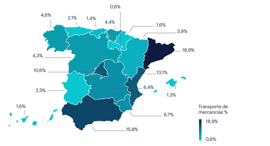 Mapa de ocupados en el sector de Logística. Transporte de mercancías. Fuente: INE.