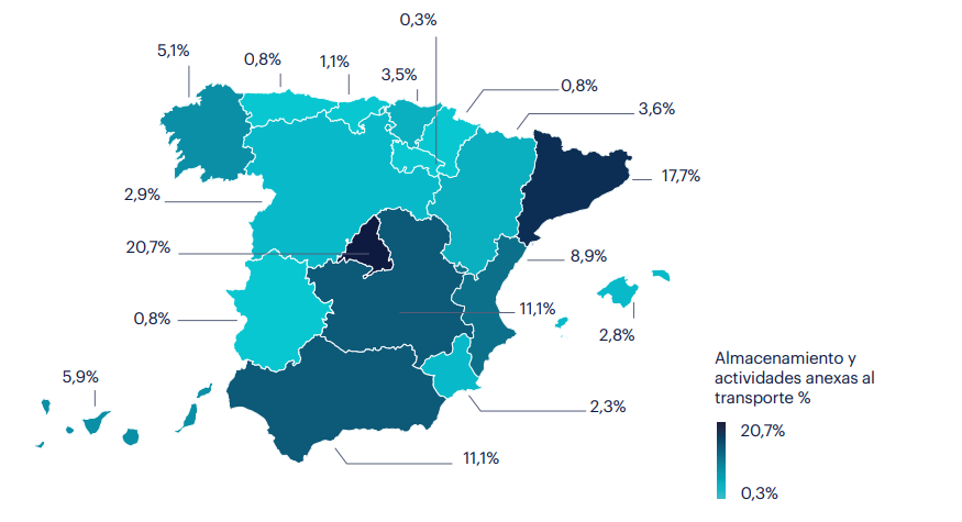 Mapa de ocupados en el sector de Logística. Almacenamiento y actividades anexas al transporte. Fuente: INE.