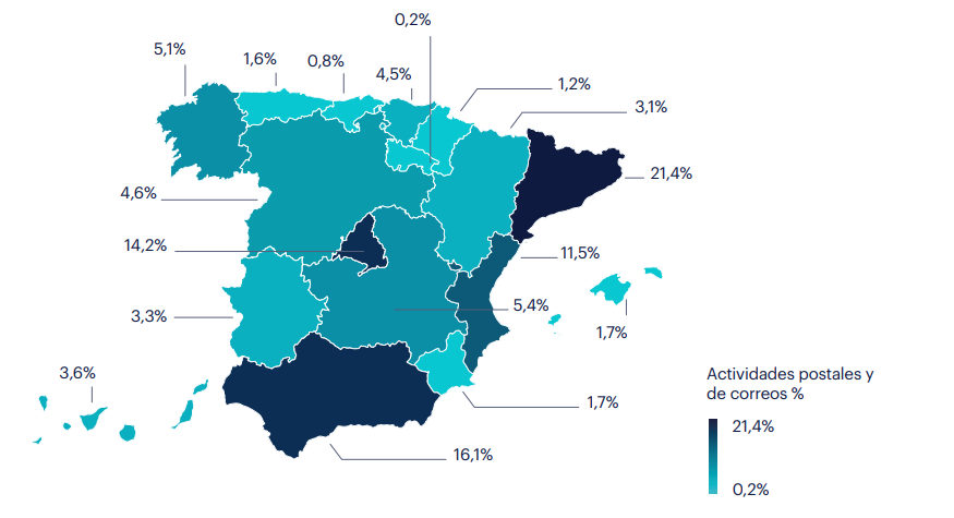Mapa de ocupados en el sector de Logística. Actividades postales y de correos. Fuente: INE.
